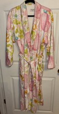 Vtg Feraud Paris Belted Robe M Terry Cloth Lined Pink Seashell Fruit Floral