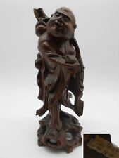 22 cm CHINA: MAGNIFICENT SCULPTURE / WOODEN STATUE GOD BUDDHA LAUGHING 