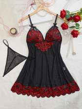 ensemble Sexy Lingerie Femme Nuisette & string noir & rouge XL dentelle broderie