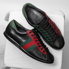 Gucci GG Striped Monogram Black Leather Trainers Sneakers Shoe EU425 UK8,5 US9,5