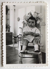 Baby 1 year old, child, high chair bouquet flowers - old photo snapshot