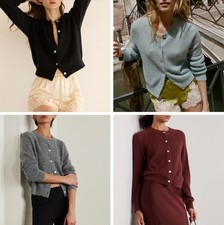 Women Doen Round Neck Knit Long Sleeve Cardigan Top