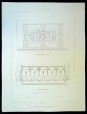 Ancienne Gravure d'Architecture Balcon en fer forger repoussé à Paris