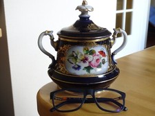 VALENTINE 1 ANTIQUE LARGE PORCELAIN SUGAR BOWL 19TH CENTURY OVEN BLUE GILDING