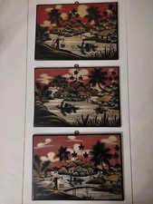 3 panneaux de laque - décor