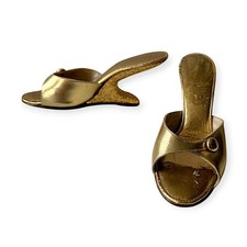 Vintage 1950s Gold Boomerang Wedge Mules – Sculptural Heel, Metallic Leather