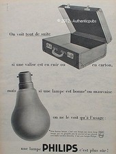 ADVERTISEMENT PHILIPS LAMP BULB LIGHT SUITCASE LEATHER CARDBOARD 1960 FRENCH ADVERT