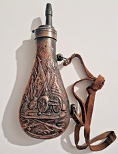 Ancienne belle poire à poudre US en cuivre et laiton du 19ème déco militaire