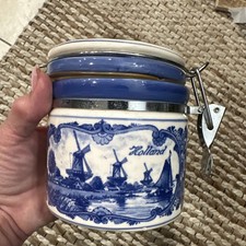 VTG Agro Delfts Blauw Holland Windmill Ceramic Canister With Lid & Clamp Closure