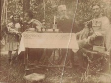 OLD MILITARY PHOTOGRAPH FAMILY MEDALIST AT TABLE WITH HIS DOG 1916