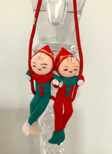 Vintage Mid Century Kitschy PIXI ELFS Elves on Swing Felt Christmas Ornament