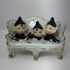 Vintage Enesco Japan Porcelain Three Pixies Elves Sitting On Couch Sofa Black