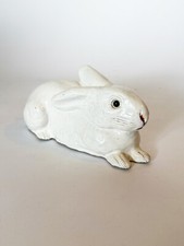 Signed Bavent French Faience White Glaze Pottery Rabbit Glass Eyes Normandie 9"