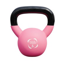 Kettlebell rose 6kg, poignée ergonomique et base plate.