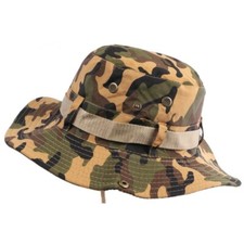 Chapeau Bob safari Camouflage Marron Camel et Vert Lien Serrage et Protege Nuqu