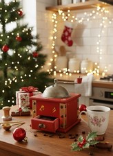 Moulin A Café Vintage Rouge Motif Fleurs De Collection - style ferme