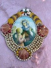 Cadre d'art bombé en coquillage St JOACHIM et ANNE Vintage RARE EX VOTO ! **