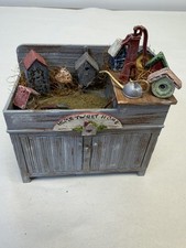 DOLLHOUSE MINIATURE POTTING TABLE WITH POTS AND BIRDHOUSES WEATHERED PLASTIC