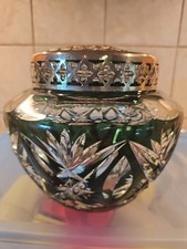 VAL SAINT LAMBERT "PIQUE FLEURS" CUT CRYSTAL GREEN VASE W/SILVER STEM HOLDER