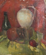 Ancienne cruche à peinture à l'huile, pomme et bouteille nature morte