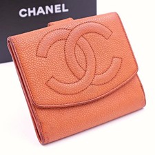 Chanel Orange Leather Coco Mark Caviar Wallet Compact 6 Card Slots Used