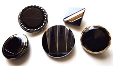 5 Antique Buttons, Black & Silver or Gold Glossy Glass 12-22mm