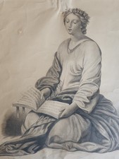 XIXe 1849 Grand Dessin Crayon Fusain Femme Robe Livre Chanteuse Signé Boulay ART