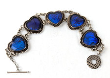 Iridescent Morpho Butterfly Wing  Silver Heart Link Bracelet Alfano Made Brasil