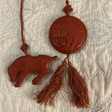 Vintage Cinnabar Chinese Pixie (good Luck horse) And Round Pendant Necklace
