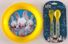 Lot ASSIETTE + COUVERTS jaune LAPINS CRETINS pour enfant fille ou garçon