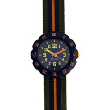 Flik Flak Watch Blue Case Yellow Numbers Striped NATO Strap Timing Bezel
