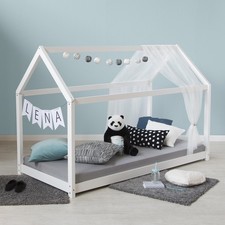 Lit D'Enfant 80x160 cm Maison Cabane Blanc Sommier à Lattes en Bois Homestyle4u