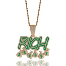 Hip Hop Jewelry Gold Fill Full Paves Zircon Rich Pendant Necklace Mens Rap Gifts