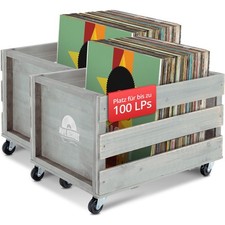 2x Rangement Vinyles Caisse Range en Bois Retro 100 LP Disques 4 Roulettes Gris