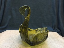 Italy Hand-blown Art Glass Olive Green Swan, Retro Candy Dish, 60's Vintage