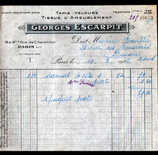 PARIS (XII°) FURNITURE FABRICS VELVET CARPET "Georges ESCARPIT" invoice 1926