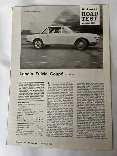 Lancia fulvia coupe road test - coupe,