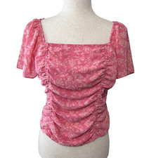 Lush Pink Womens M Floral Smocked Back Ruched Flutter Sleeve Blouse NWOT Cottage
