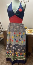Super Groovy Vintage 70s Patchwork Primary Color Tulip Halter Dresse w/ Scarf