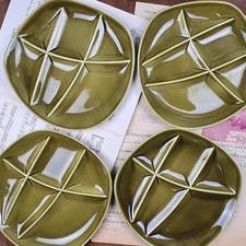 Lot de 4 assiettes à fondue vintage années 70, Salins France, Faïence verte