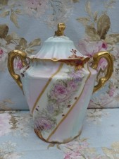 Limoges 1900 Porcelain Sugar Bowl, Flowers and Branches Seed Button Lid