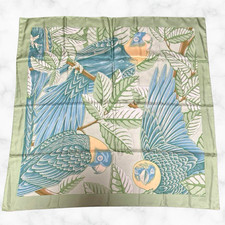 Hermes Carré 90 Les Perroquets Scarf Shawl Green Blue Multicolor Silk No Box