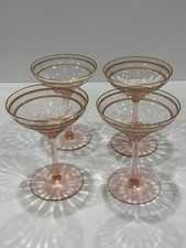 VTG Pink Champagne Glasses Coupe W Gold & Fine Etched Lattice 1930s Hard To Find
