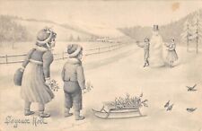 Old postcard illustrator / V.K.Vienna / Merry Christmas / Landscape with a Snowman