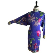 Leonard Fashion Silk Floral Mock Neck Dress Orchid Print Batwing Sleeves Women S