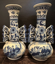 Antique pair of Delft blue& white vases, Chinoiserie, maker’s mark, c1800, 7.75”