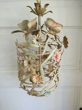 Tole Metal Butterfly Flowers Painted 3 Arm Daisy Chandelier Ceiling Light 24"