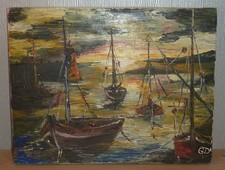painting oil on canvas marine boat sailboat sea painting signed GD late 20th century