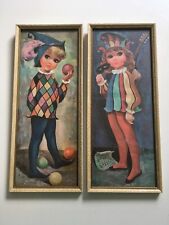 Vintage 1965 Big Eyed Girl Prints Goji Jester Framed X2 Kitsch Gallery Wall