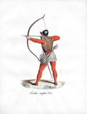 ORIGINAL WATERCOLOR 19th century medieval costume English archer 15th century